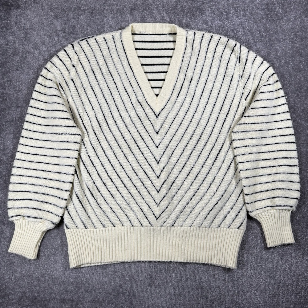 Vintage Terry Cloth Top Women's Large Striped V-Neck Long Sleeve Chevron